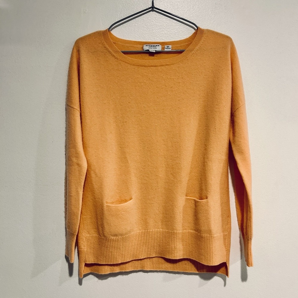 Repeat 100% Cashmere coastal Peach Crew Neck Long Sleeve Sweater Pockets ‎ XS/36